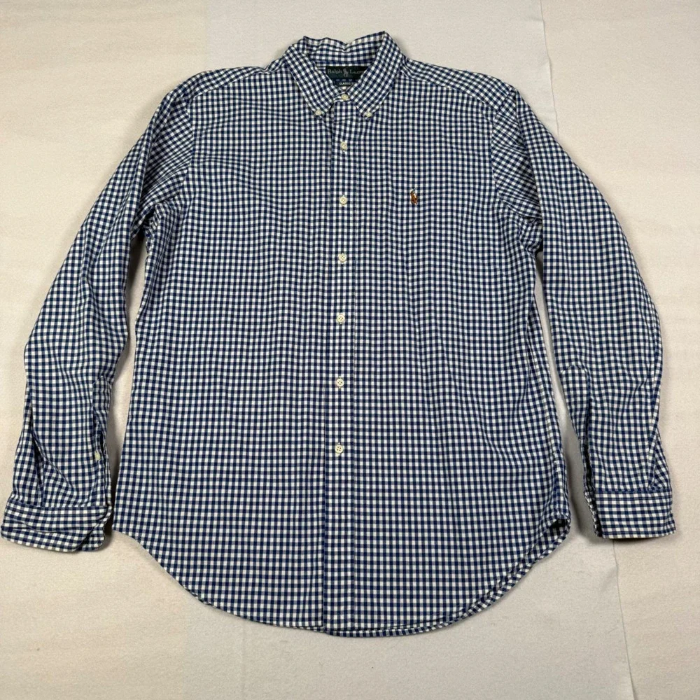 Polo Ralph Lauren Mens Classic Fit Gingham Button Down Shirt Navy Blue White L - Picture 2 of 10